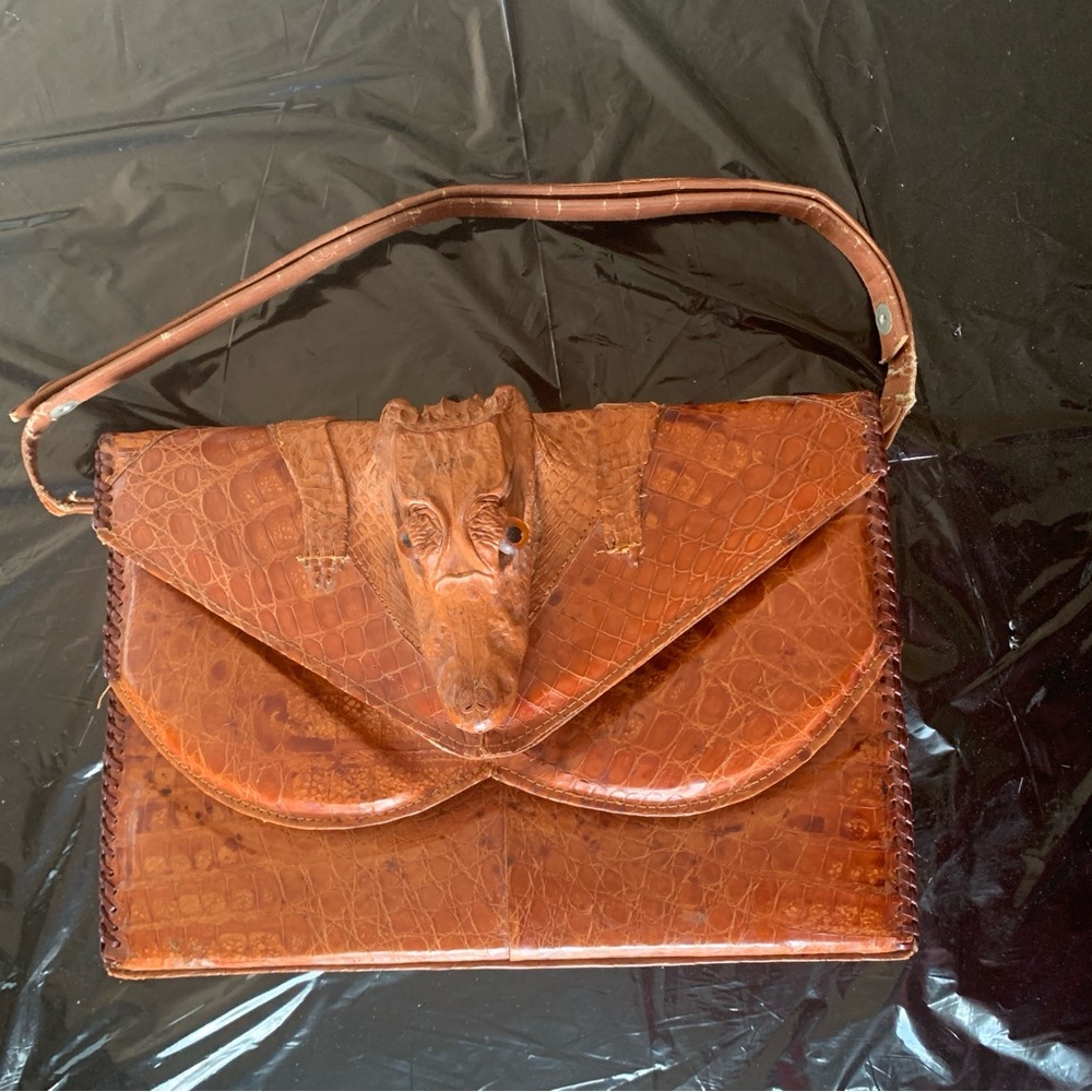 Vintage Brown Baby Alligator  Leather Shoulder Bag with Sculpted Detail